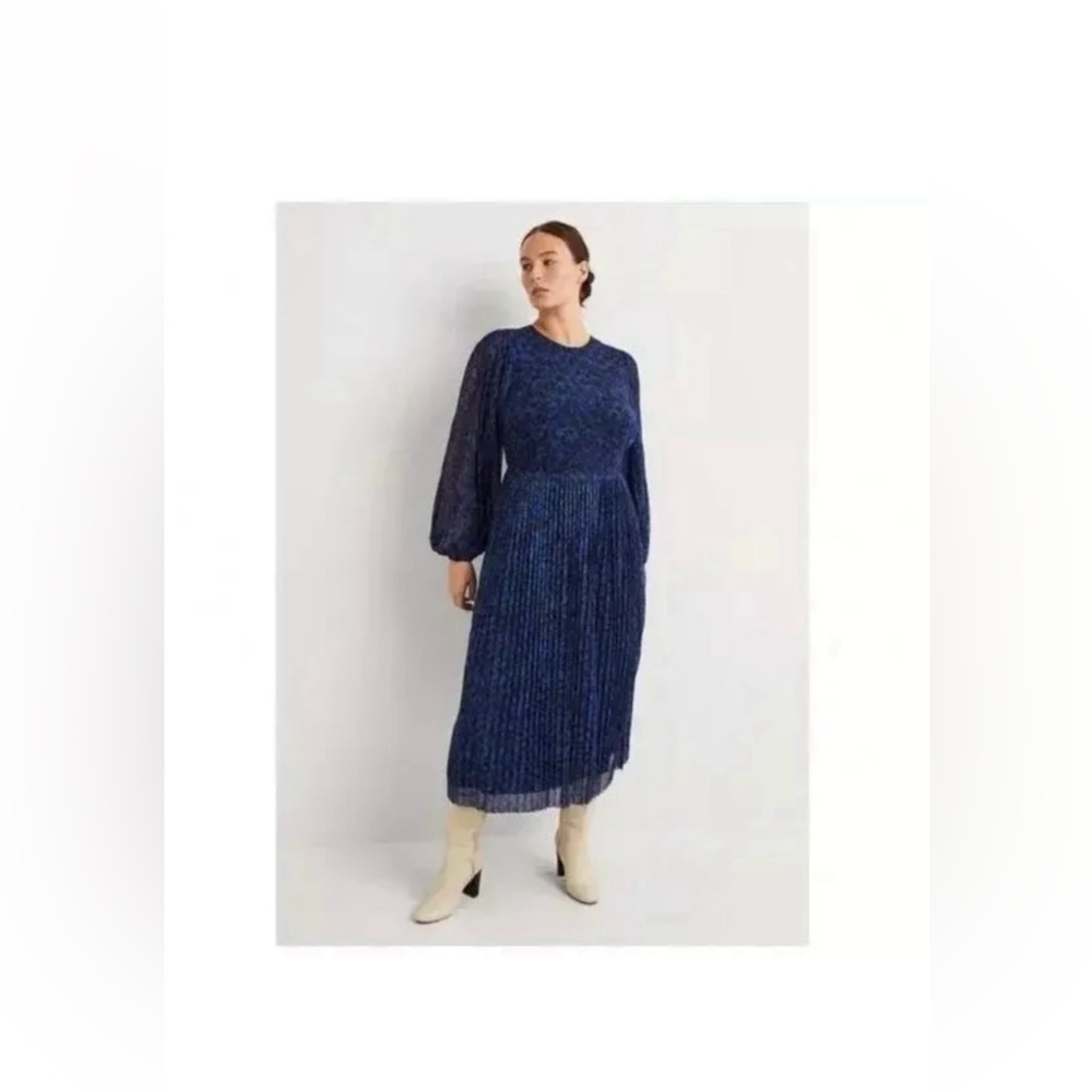 BODEN Blouson Sleeves Pleated Midi Dress in Persian Blue Size 8R Worn Once - Picture 2 of 10